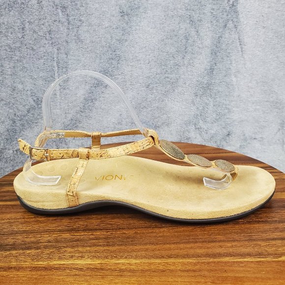 Vionic Lizbeth Sandals Women's 11 Tan Cork Gold Metallic Buckle T Strap Orthotic - Picture 1 of 10